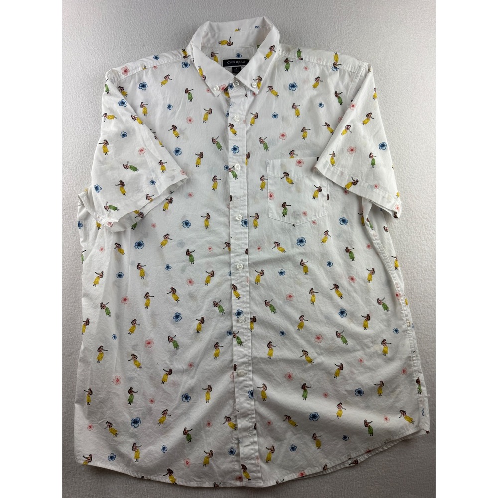 Club Room Mens Large White Hula Dancer Hibiscus Print Short Sleeve Button Down